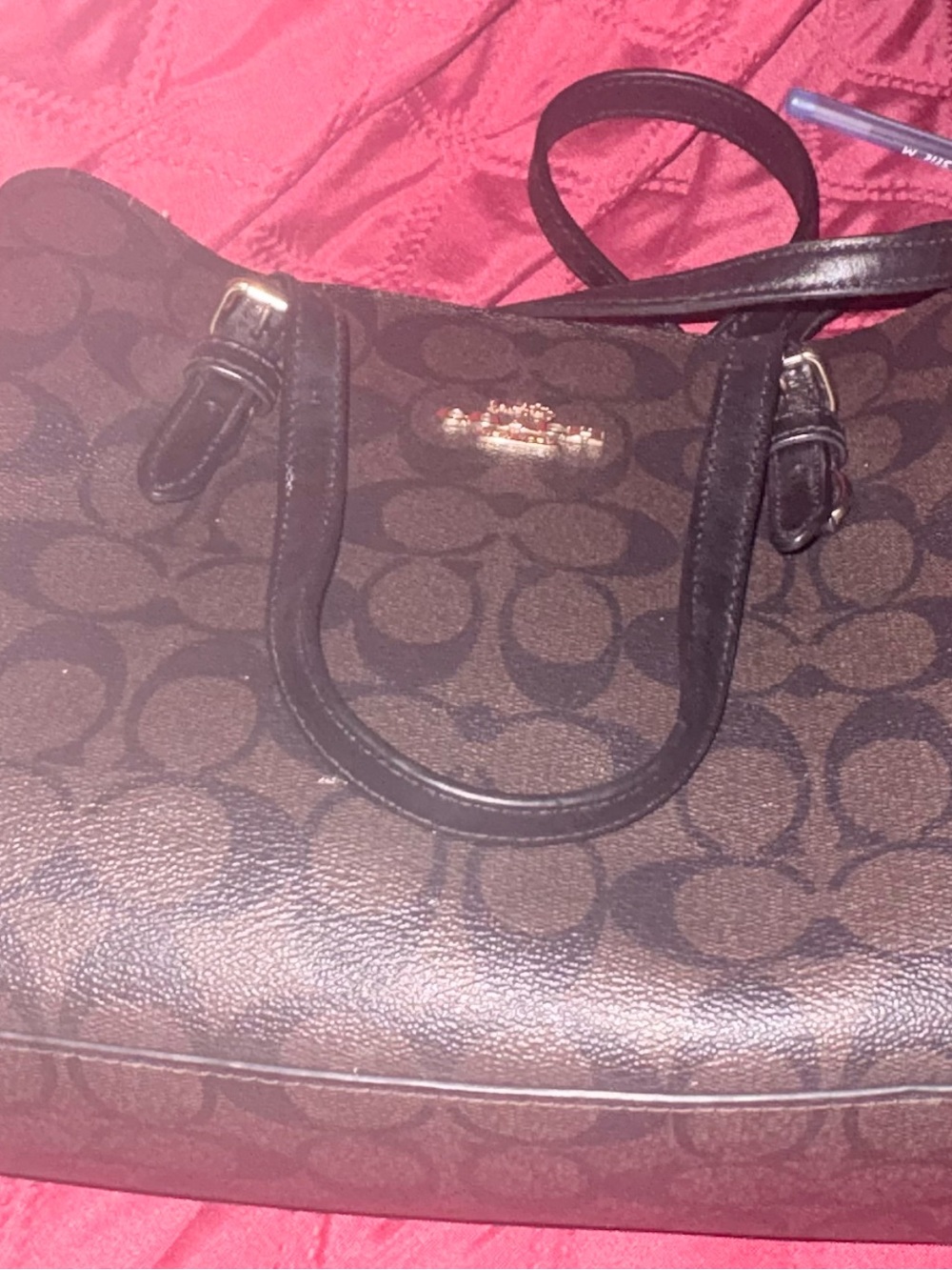 Coach Brown Signature Canvas Tote with Black Handles - Picture 2 of 3